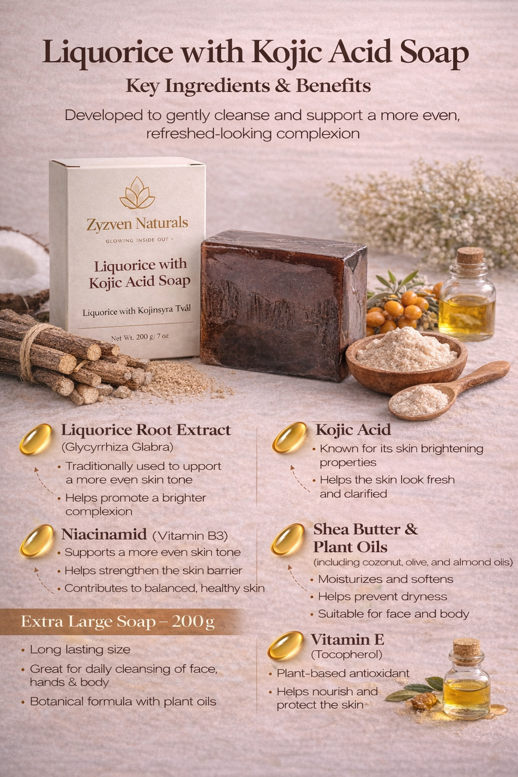 Zyzven Naturals Lakrits med Kojinsyra Tvål – 200 g