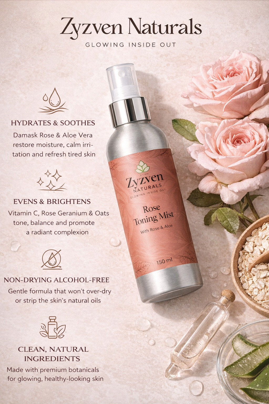 Zyzven Naturals | Rose Toning Mist – Rose & Aloe | 150ml
