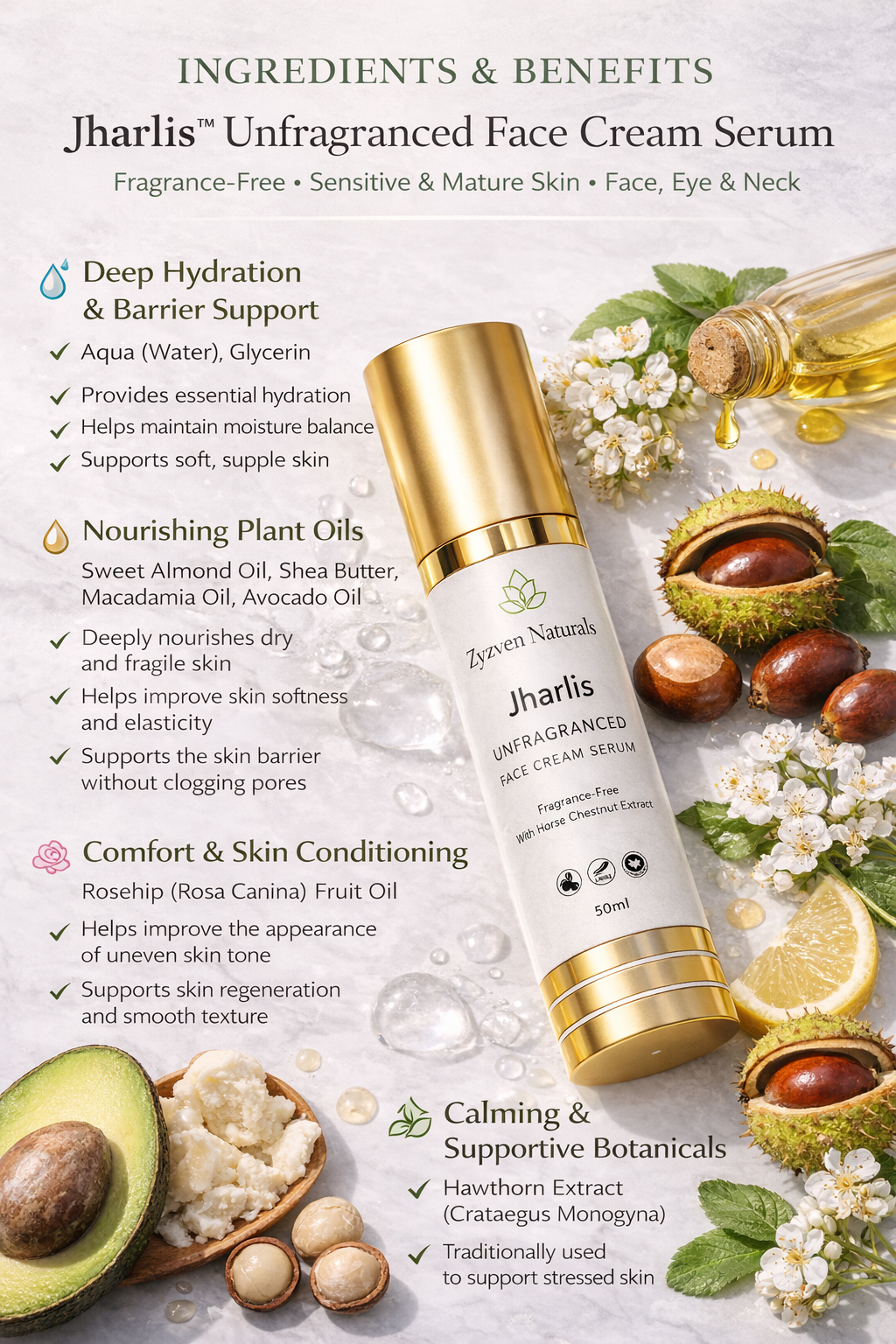 Zyzven Naturals – Jharlis™ Face Cream Serum Oparfymerad – för känslig & mogen hud Ansikte, ögon & hals | 50 ml | Airless pump