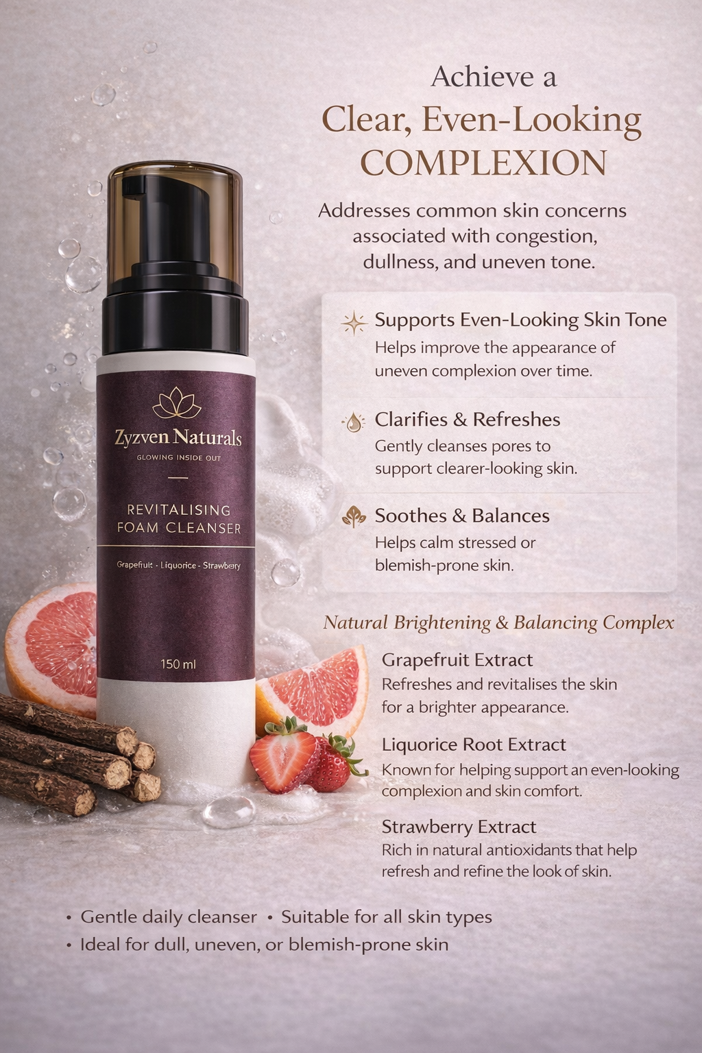 Zyzven Naturals Revitalising Foam Cleanser Med Grapefrukt, Lakrits & Jordgubb – 150 ml