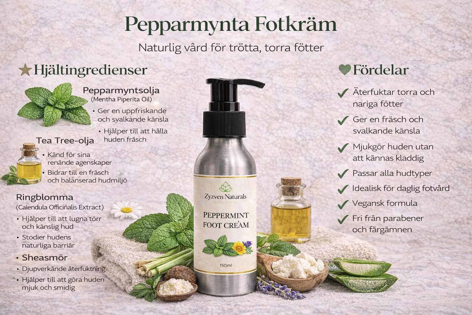 Zyzven Naturals Pepparmynta Fotkräm – Uppfriskande & Mjukgörande