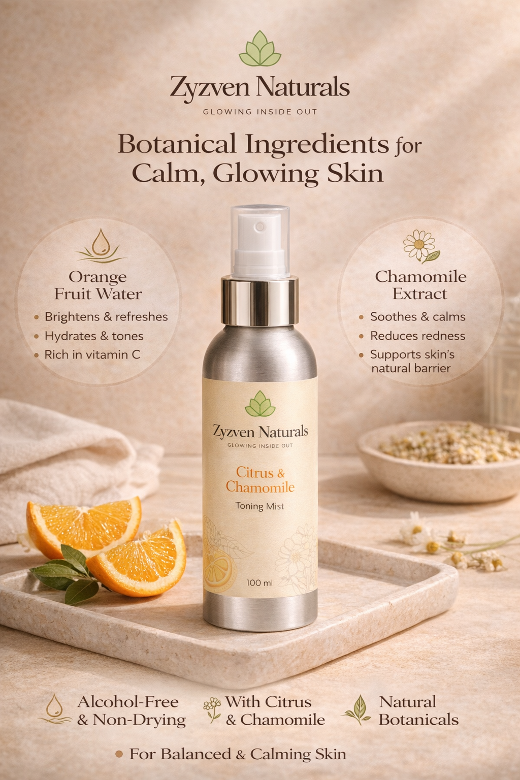 Zyzven Naturals | Citrus & Chamomile Toning Mist | 100ml
