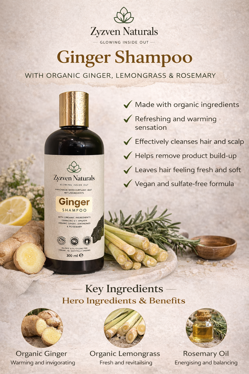 Zyzven Naturals Ginger Shampoo – Med ekologiska ingredienser | 300 ml