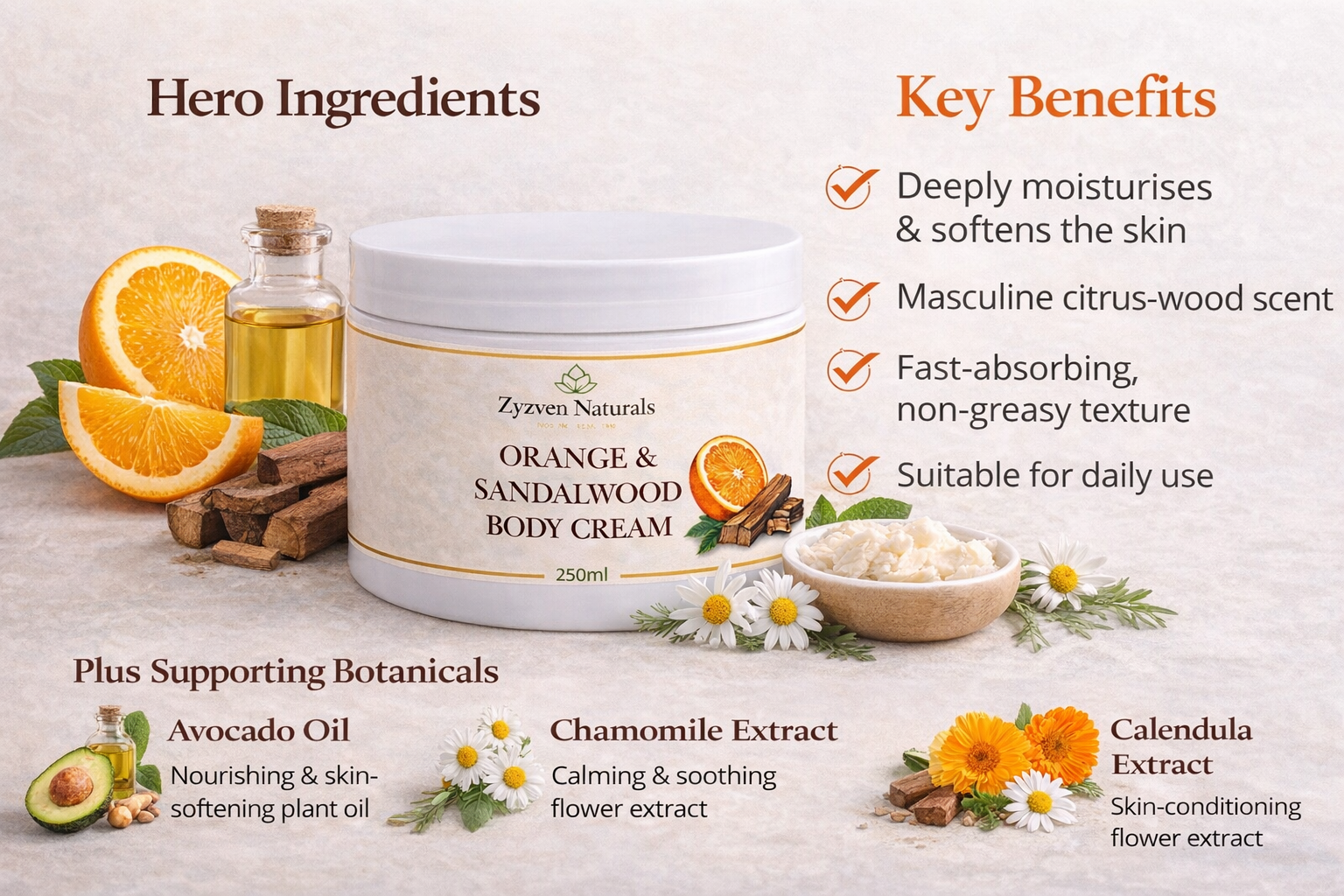 Zyzven Naturals Apelsin & Sandelträ Body Cream – Maskulin Botanisk Kroppskräm (150ml / 250ml)