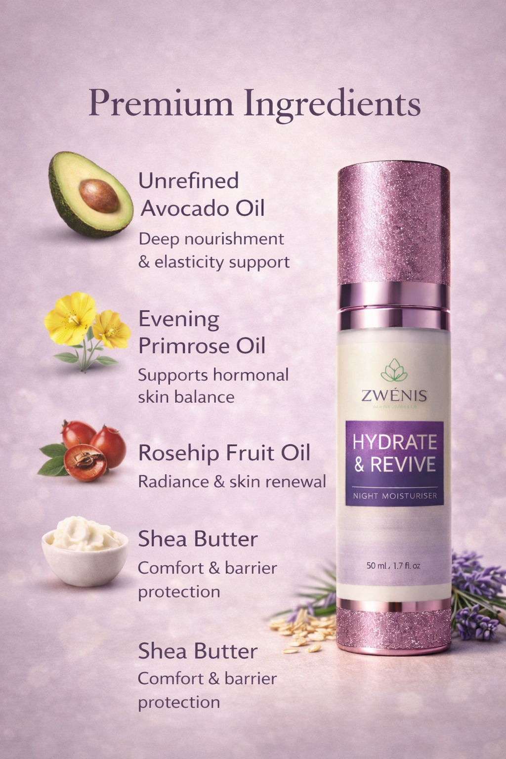 ZWÉNIS Hydrate & Revive Night Cream – för mogen & menopausal hud (50 ml)