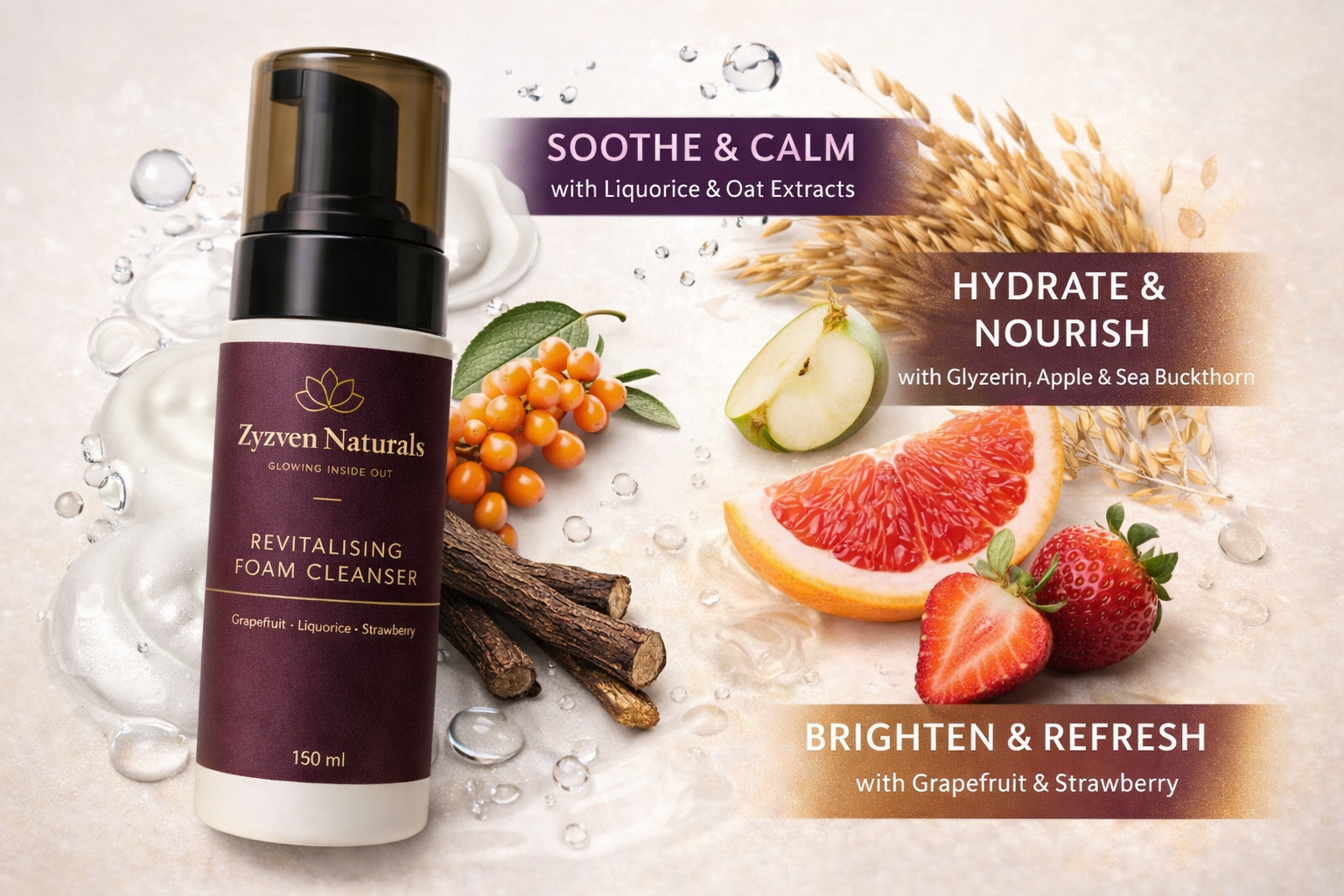 Zyzven Naturals Revitalising Foam Cleanser Med Grapefrukt, Lakrits & Jordgubb – 150 ml