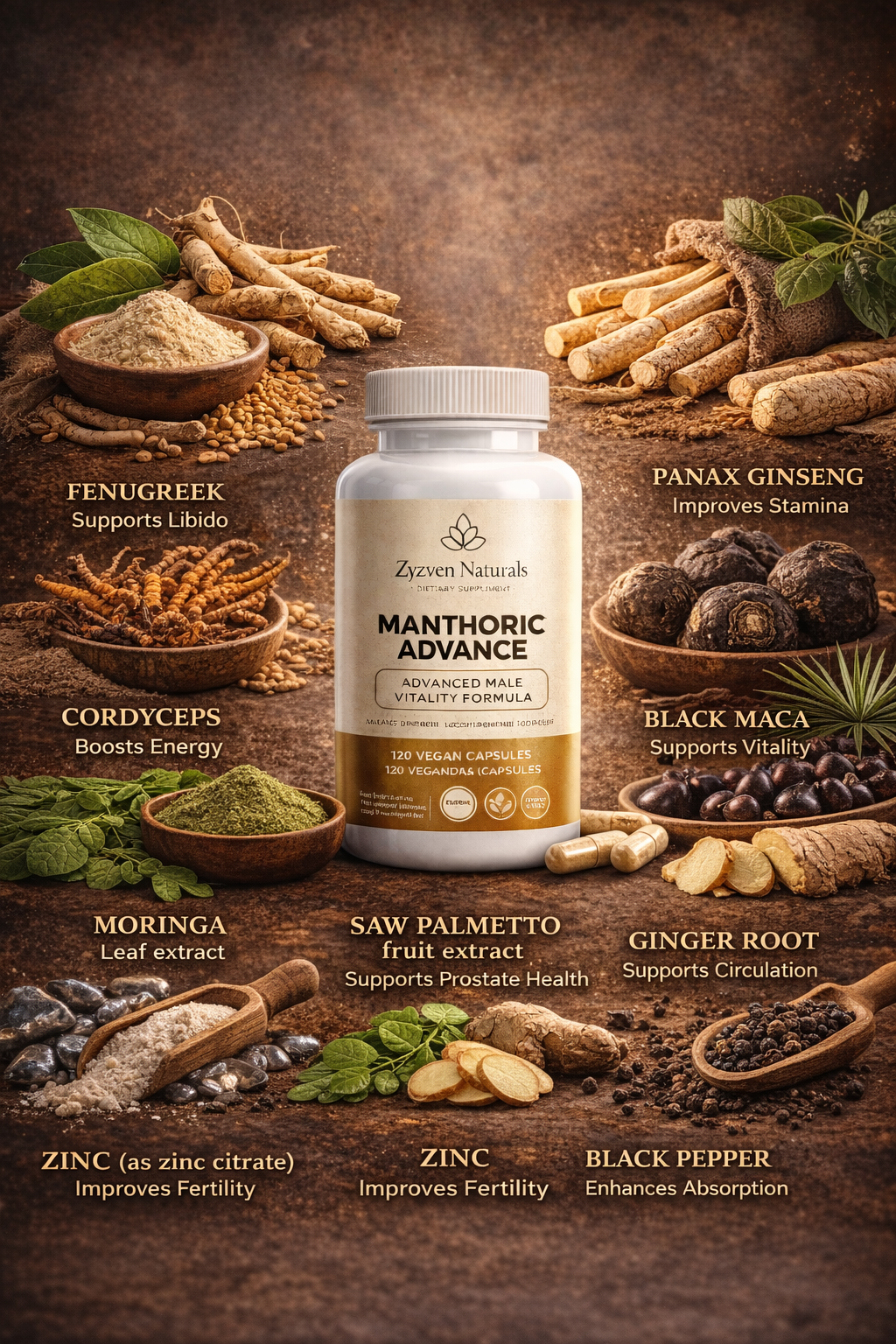 Zyzven Naturals | Manthoric Advance – Avancerat Kosttillskott för Manlig Energi, Vitalitet & Testosteron (120 kapslar)