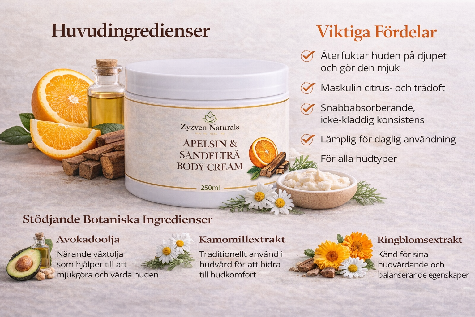 Zyzven Naturals Apelsin & Sandelträ Body Cream – Maskulin Botanisk Kroppskräm (150ml / 250ml)