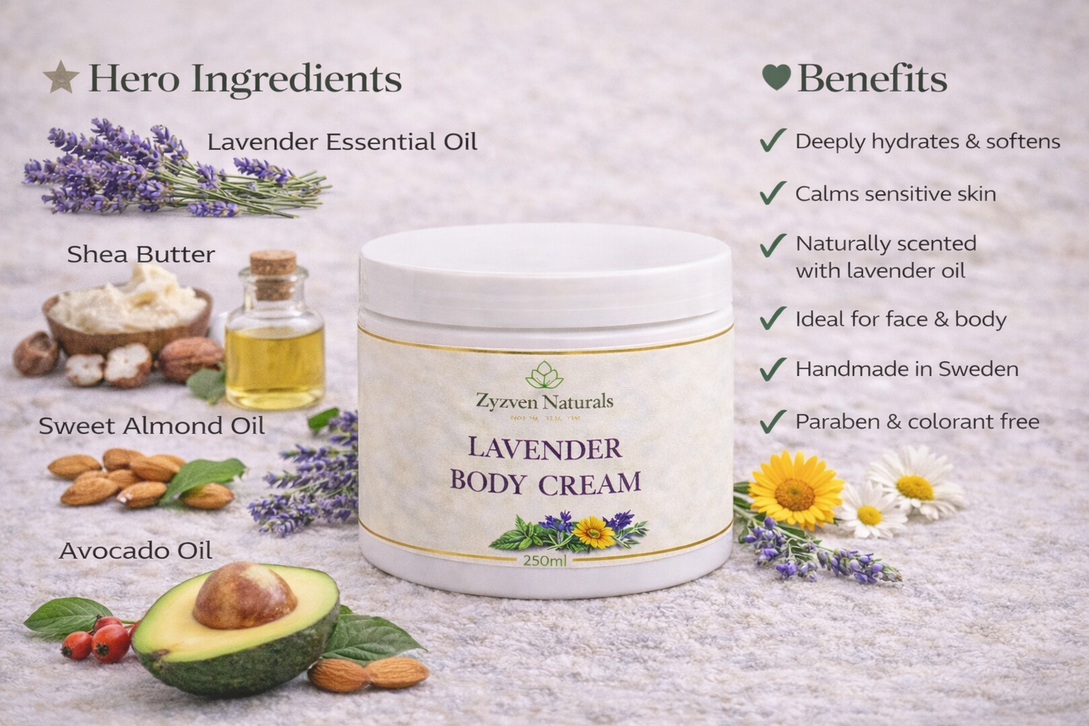 Lavendel Kroppskräm – Handgjord i Sverige 150 ml aluminiumflaska | 250 ml burk