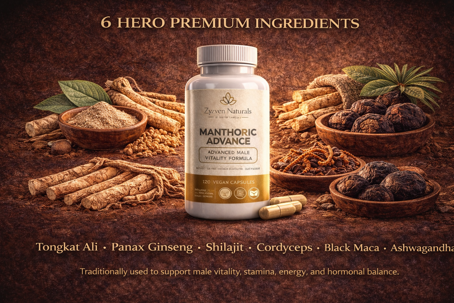 Zyzven Naturals | Manthoric Advance – Avancerat Kosttillskott för Manlig Energi, Vitalitet & Testosteron (120 kapslar)