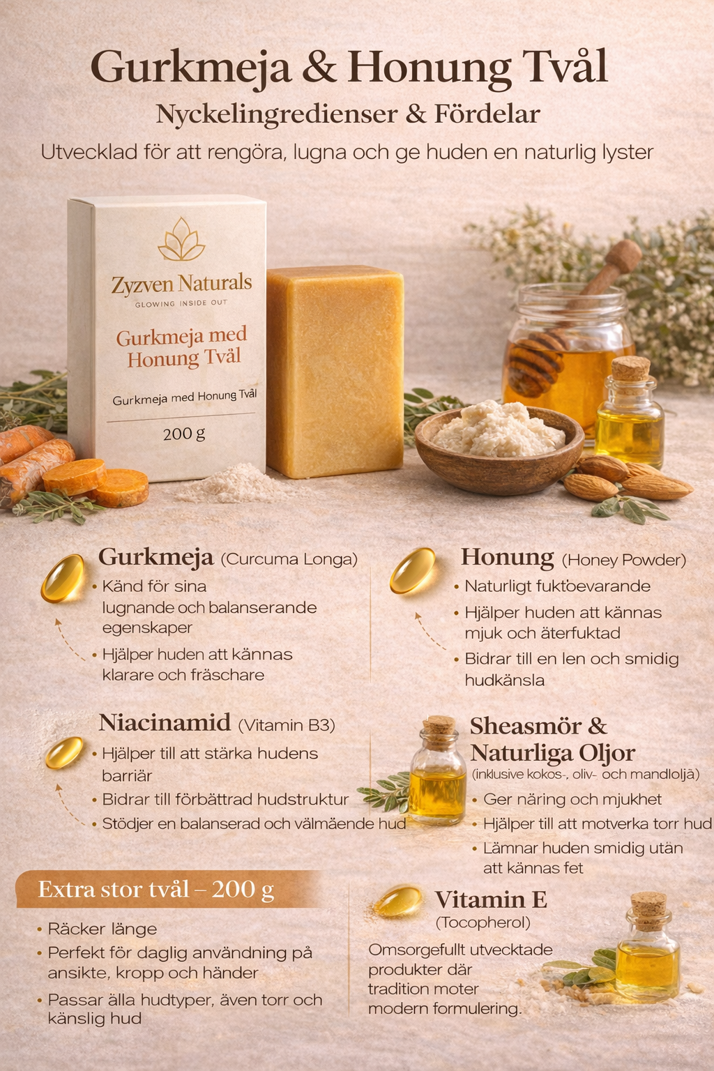 Zyzven Naturals Turmeric & Honey Soap 200 g – Large Botanical Cleansing Bar
