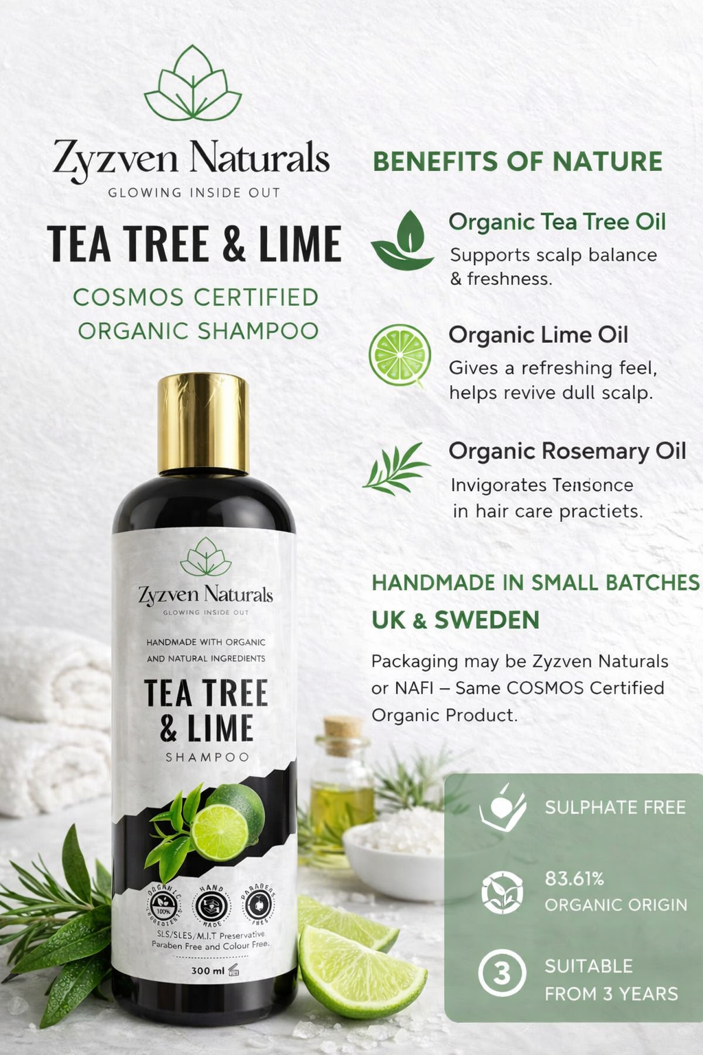 Zyzven Naturals Tea Tree and Lime Shampoo – COSMOS Certified Organic | 300 ml