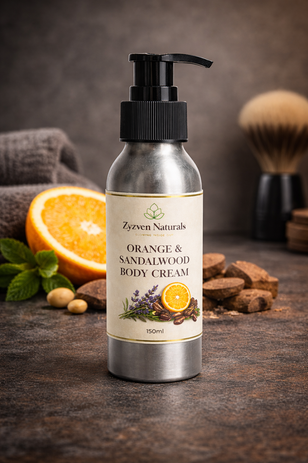 Zyzven Naturals Apelsin & Sandelträ Body Cream – Maskulin Botanisk Kroppskräm (150ml / 250ml)