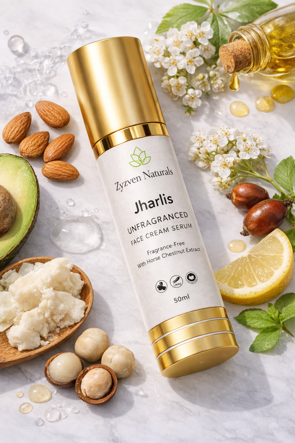 Zyzven Naturals – Jharlis™ Face Cream Serum Oparfymerad – för känslig & mogen hud Ansikte, ögon & hals | 50 ml | Airless pump