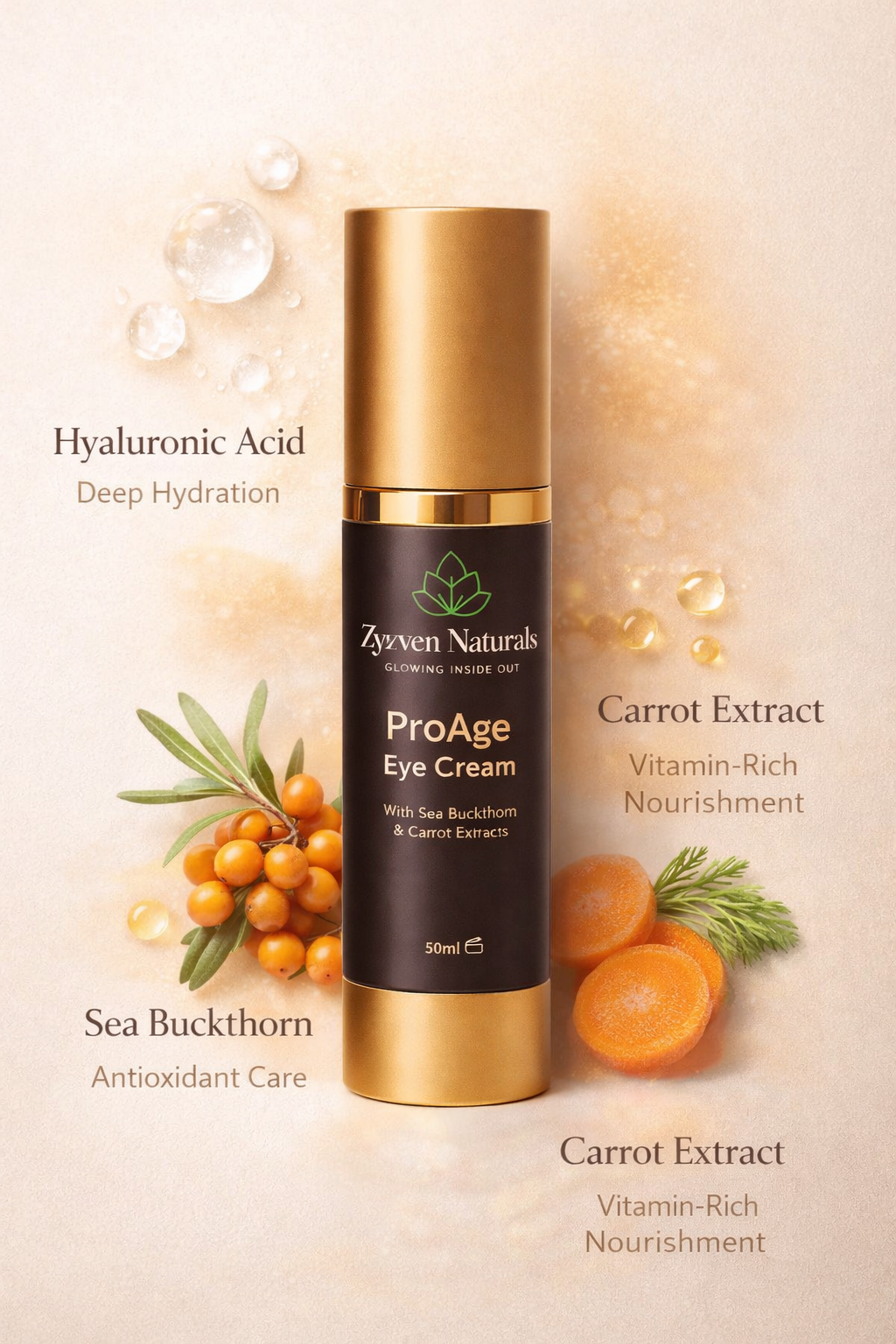 Zyzven Naturals ProAge Eye Cream with Hyaluronic Acid, Sea Buckthorn & Carrot Extracts – 50ml