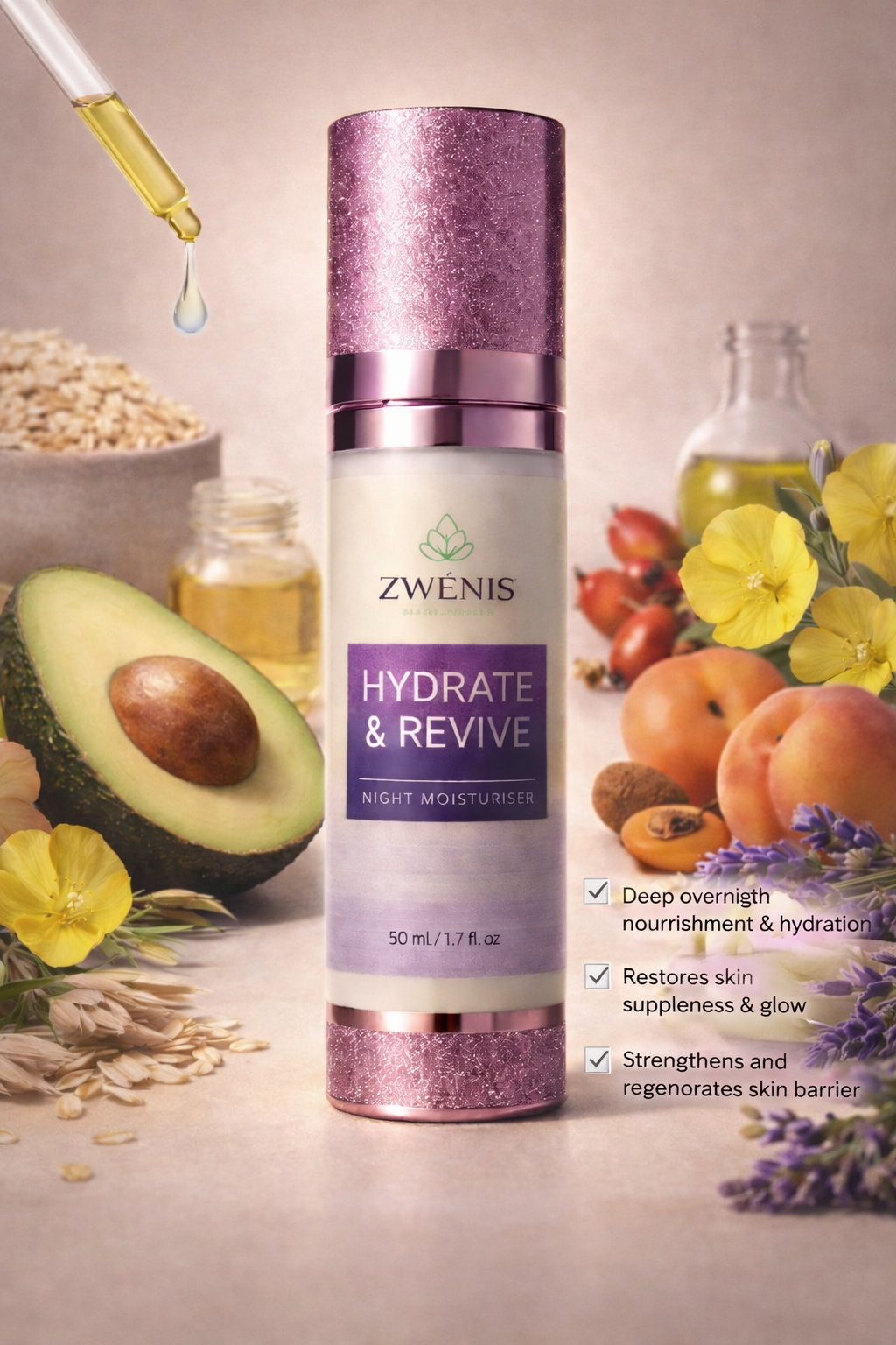 ZWÉNIS Hydrate & Revive Night Cream – för mogen & menopausal hud (50 ml)