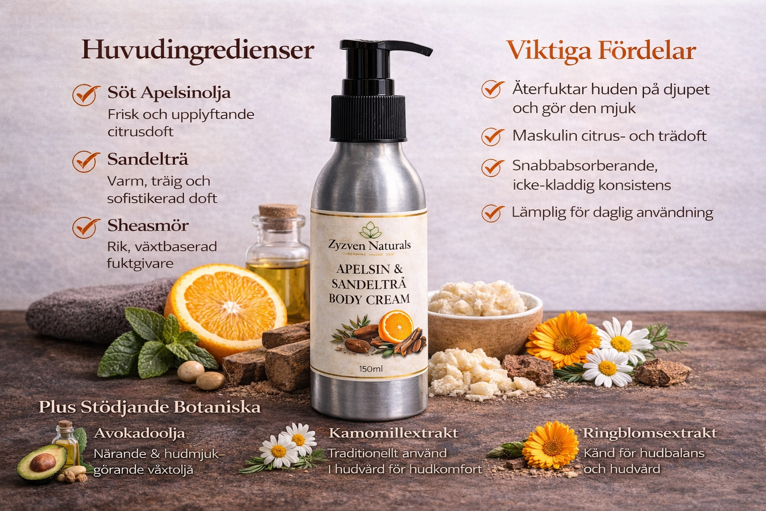 Zyzven Naturals Apelsin & Sandelträ Body Cream – Maskulin Botanisk Kroppskräm (150ml / 250ml)