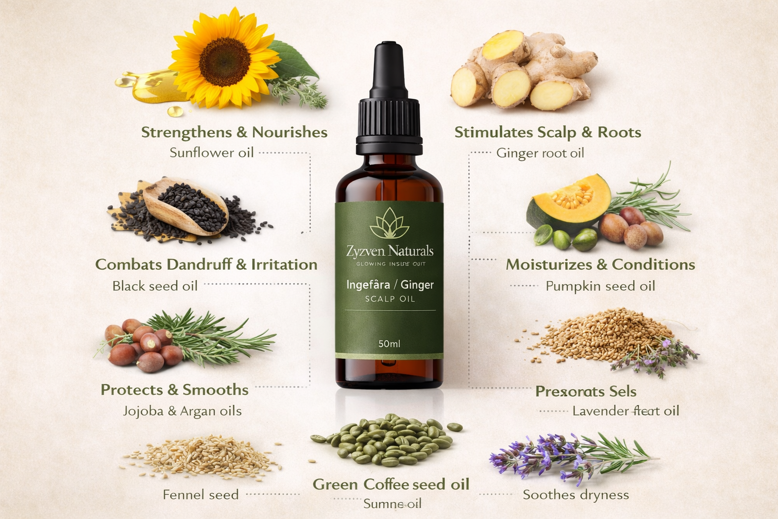 Zyzven Naturals | Ingefära Hårbottenolja – Närande & Balanserande | 50 ml